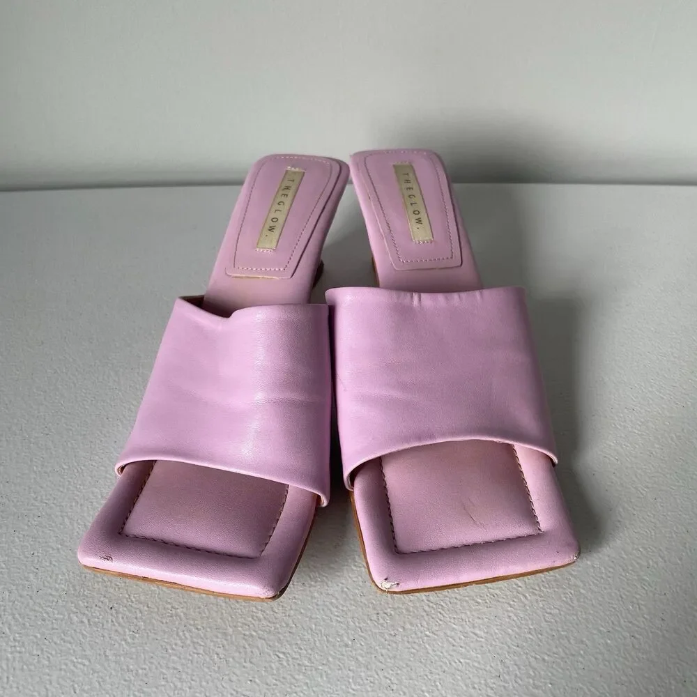 GLOW Leather Heels Square Toe Pink Purple Backless Slip On Women's Size 8